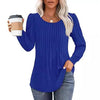 Puff Sleeve Waist Pleated Round Neck Long Sleeve T-Shirt Top