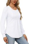 Puff Sleeve Waist Pleated Round Neck Long Sleeve T-Shirt Top