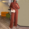 Casual V-Neck Long Sleeve Top & Wide Leg Trousers Suit