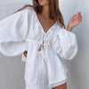 Cotton Linen White Lantern Sleeve V-neck Top Shorts Set