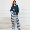 Women’s Round Neck Long Sleeve Top & Striped Printed Lace-Up Trousers Homewear Pajamas Set