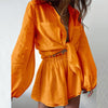 Casual Solid Color Ruffled Shorts Long Sleeve Set