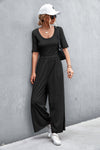 Short Sleeve U Collar Loose Wide Leg Jumpsuit