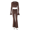 Solid Color Ruffles Long Sleeve Pleated Slim Trousers Sets