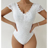 Solid Color Lace See-Through Deep V Plunge Neck Backless Jumpsuit