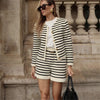 Striped Round Neck Knitted Cardigan Sweater Set