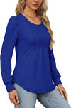 Puff Sleeve Waist Pleated Round Neck Long Sleeve T-Shirt Top