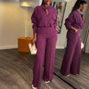 Casual V-Neck Long Sleeve Top & Wide Leg Trousers Suit