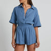 Solid Color Casual Shirt and Shorts Set