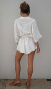 Polo Collar Mid Sleeve Waist Lace up Loose Romper