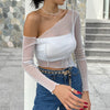 Solid Color Off-Shoulder Mesh See-Through Cropped Top