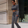 Solid Color Ruffles Long Sleeve Pleated Slim Trousers Sets