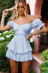 Solid Color Off-Shoulder Ruffle Sleeve Romper