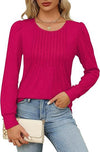 Puff Sleeve Waist Pleated Round Neck Long Sleeve T-Shirt Top